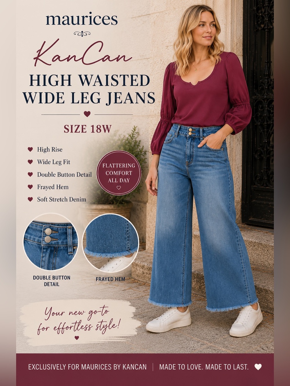 KanCan x Maurices Size 18 High Rise Wide Leg Crop Jeans Double Button Frayed Hem